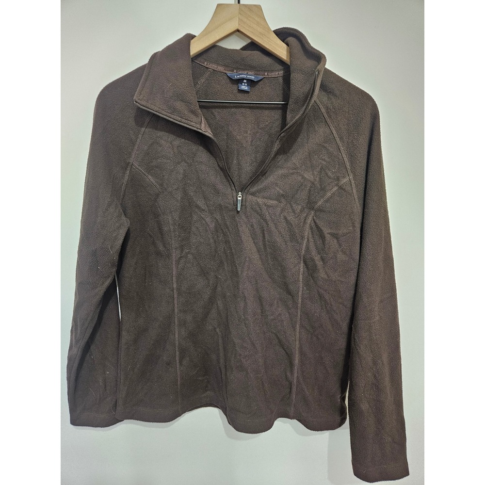 Lands End Womens Quarter Zip Fleece Pullover Brown Mock Neck Jacket Medium 10-12